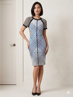 Karen Millen Blue & White Geometric Midi Dress with Black Trim